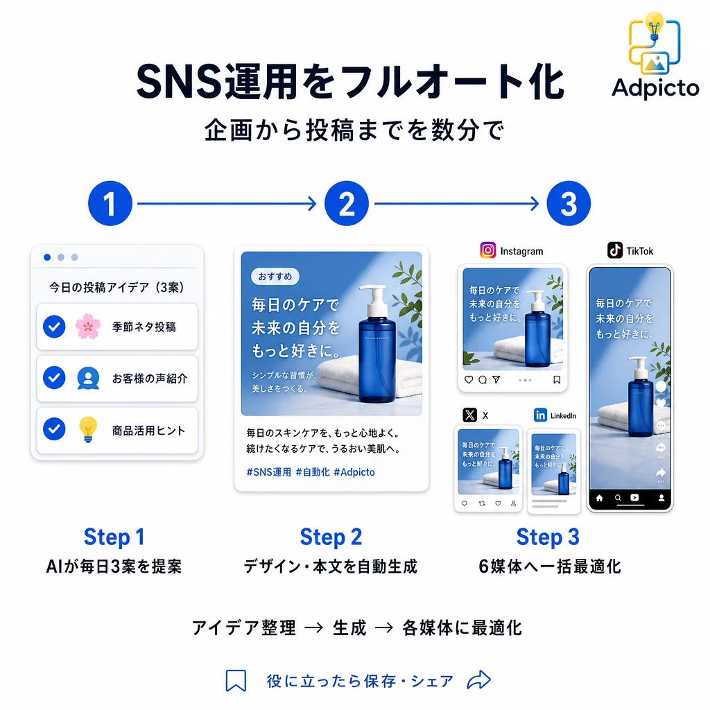 AI生成のヒーローバナー。「SNS運用をフルオート化」という見出しと、Step 1〜3の3ステップ横並びレイアウトが指示どおりに描画されている