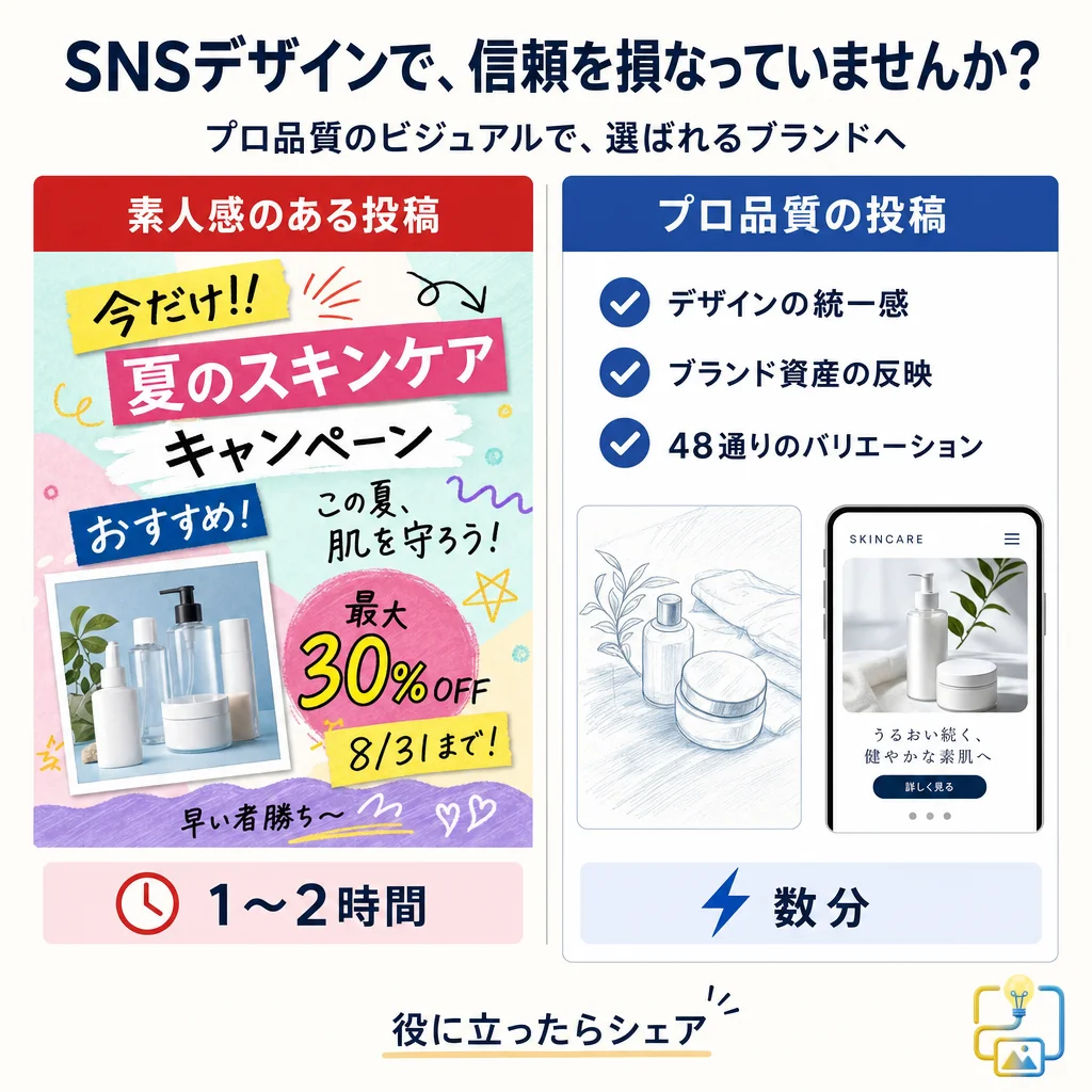 AI生成のインフォグラフィック。「SNSデザインで、信頼を損なっていませんか?」という見出しと、手書き風の「夏のスキンケアキャンペーン」コピーが描画されている