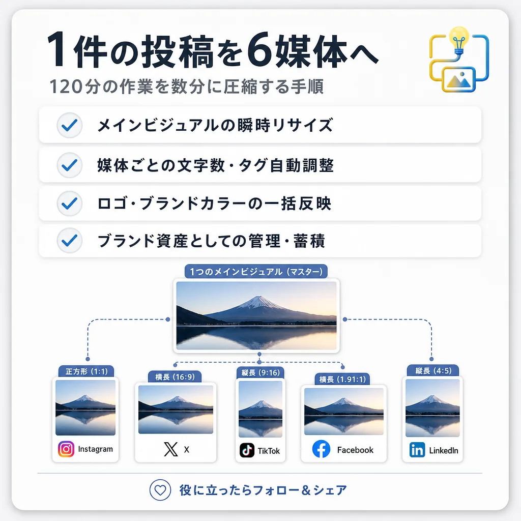 AI生成の引用カード。「1件の投稿を6媒体へ」という大見出し、チェックリスト4項目、媒体別アスペクト比のラベルが正確に描画されている